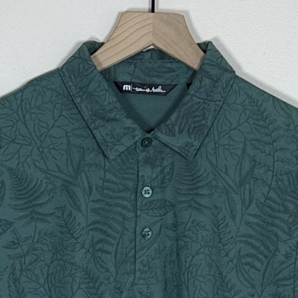 Travis Mathew Men Polo Shirt L Green Botanical Leaf Print Golf Crystal Lake Logo